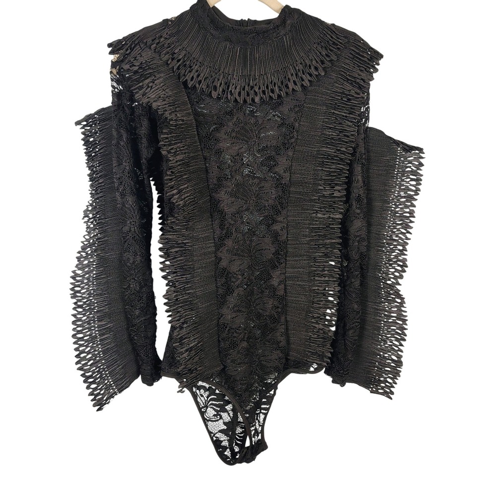 Touch Me Womens L Lace Ruffle Bodysuit Black Pleated Gothcore Avant Garde